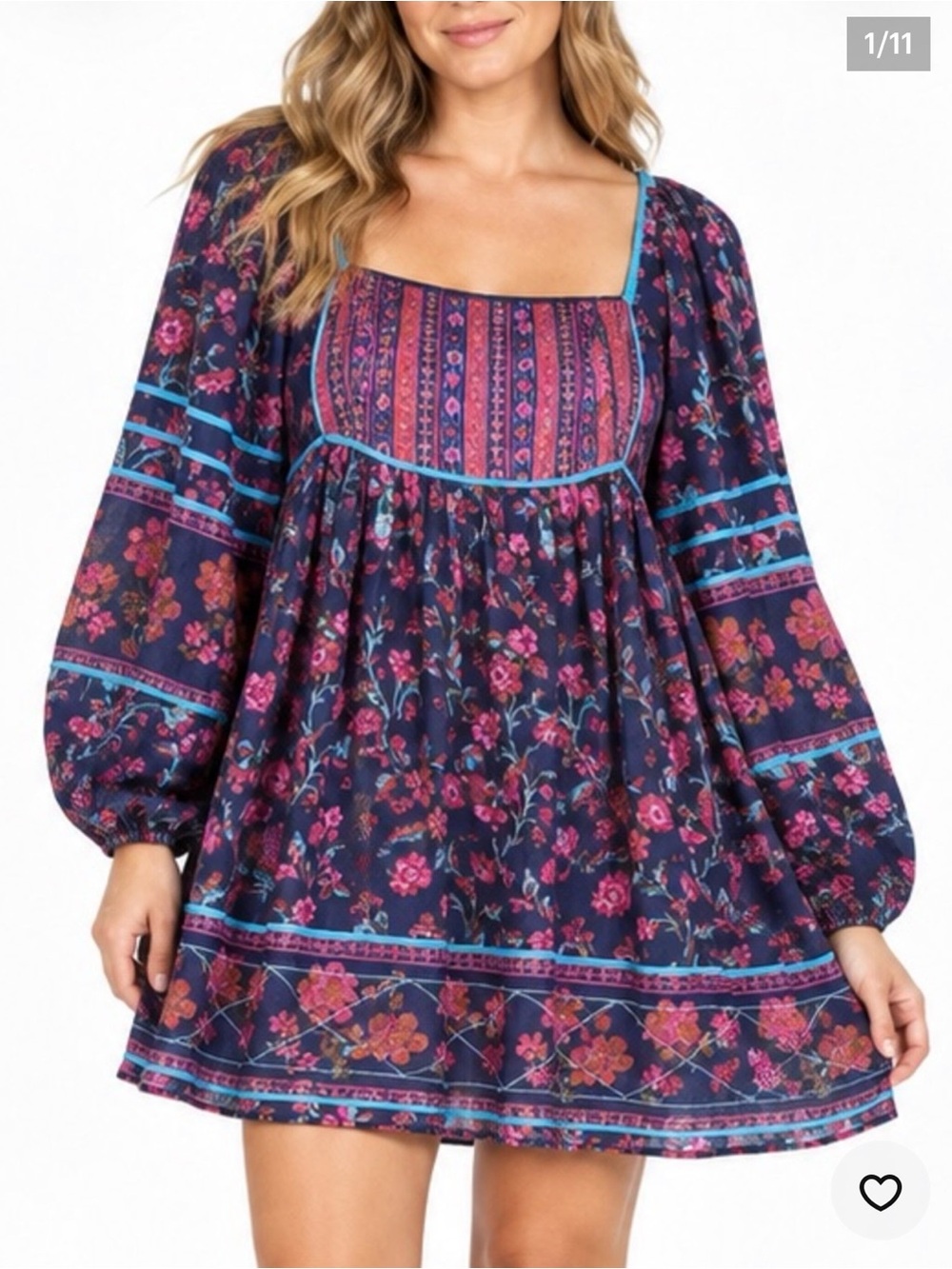 Free People Boho Floral Romantic Square-Neck Relaxed Flowy Mini Dress Medium